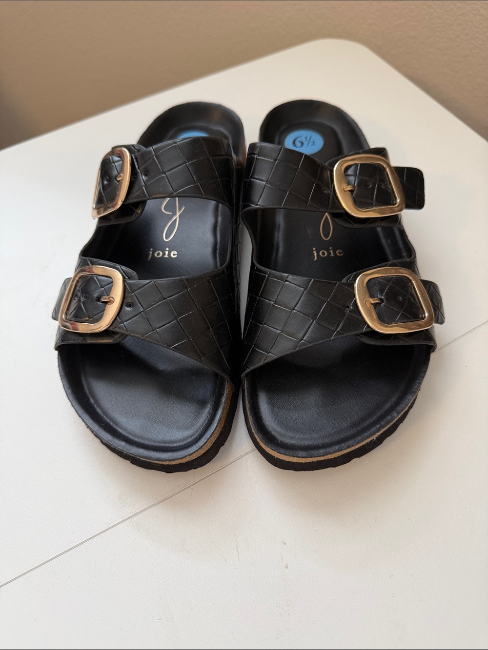 Joie Black Woven Dual-Buckle Slide Sandals with Gold Buckles